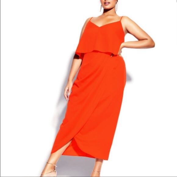 City Chic | Sexy Overlay Maxi Dress Cocktail Party Firecracker Orange Red 14 - Picture 1 of 9